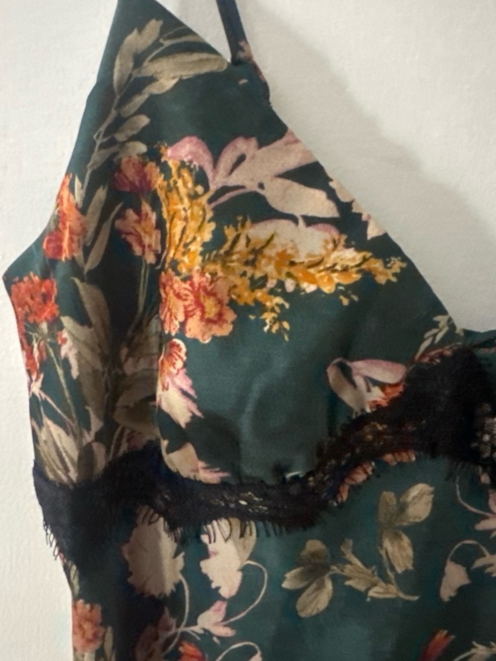 Dark Green Floral Slip Maxi Dress with Lace Trim - Picture 2 of 4